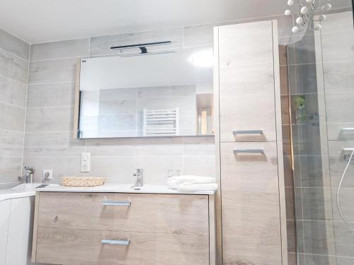 a bathroom with a sink and a shower with a mirror at Maison de l'aire in Fraissinet-de-Fourques