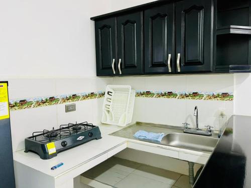 a kitchen with black cabinets and a sink at Apartahotel Dazuwi in Doradal