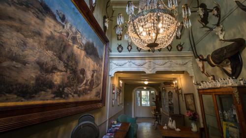 a hallway with a chandelier and paintings on the walls at Logement Swaenenvecht in Utrecht