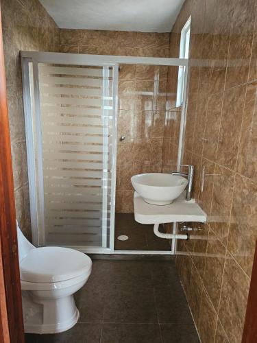 a bathroom with a toilet and a sink at CABAÑAS SANAMBO fraccionamiento los gallos in Balastre Rojo