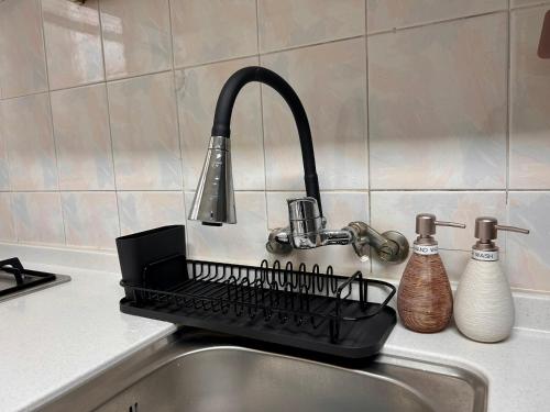 a kitchen sink with a dish drying rack next to a sink at Herry Stay in Seoul