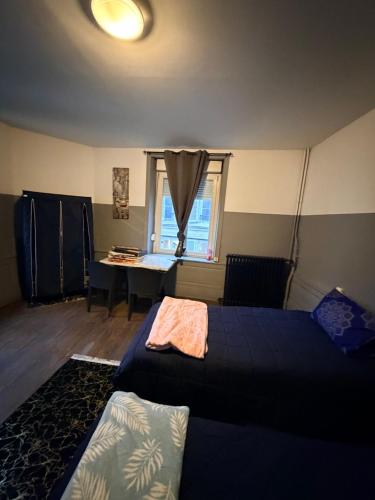 a bedroom with a bed and a desk and a window at Gengoult 2 in Toul