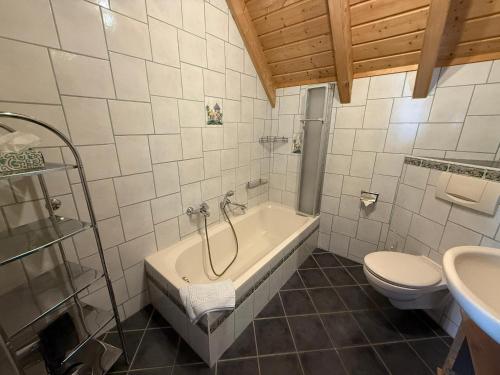 a bathroom with a tub and a toilet and a sink at Ferienwohnungen Am Kirchberg in Neualbenreuth