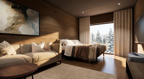 a bedroom with a bed and a couch and a window at Arctic Panorama Resort in Rovaniemi