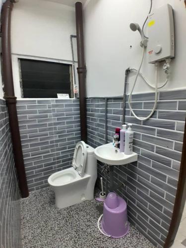 a bathroom with a toilet and a sink at Lakefront Homestay in Taiping