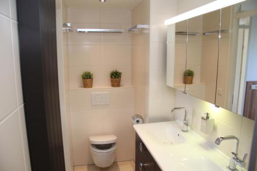a bathroom with a sink and a toilet and a mirror at Ferienhaus Sonnenschein in Sint Maarten