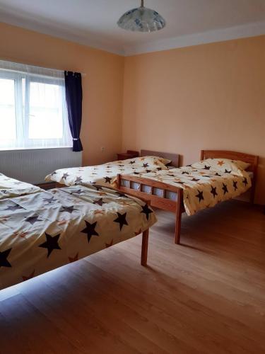 a bedroom with two beds and a window at Napsugár Apartman in Szaknyér