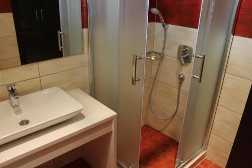 a bathroom with a sink and a shower at La caretta in Alikanas