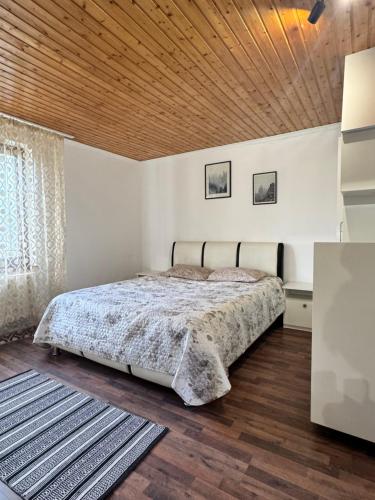 a bedroom with a bed and a wooden ceiling at Fir Tree Villa in Chişinău