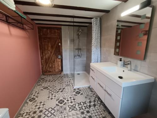 a bathroom with a sink and a shower and a door at Gîte MARISA in Champagney