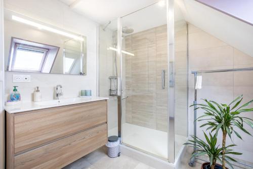 a bathroom with a shower and a sink at Ty Annick chambres d'hôtes in Névez