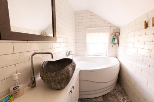 a bathroom with a sink and a bath tub at Anuskina kuca in Pakovrače