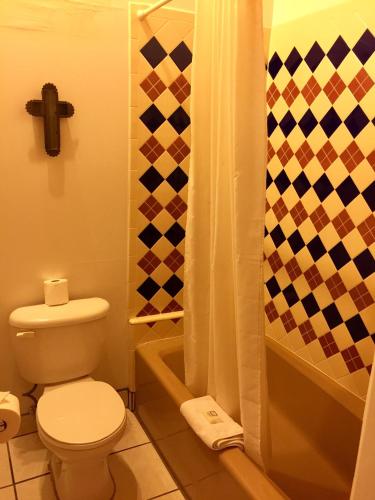 a bathroom with a toilet and a shower at Guadalupe Inn in Santa Fe