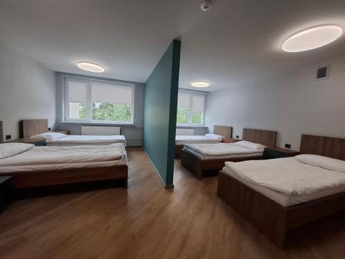 a room with three beds and two windows at Nemunėlio vitražai in Nemunėlio Radviliškis
