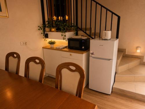 a kitchen with a refrigerator and a table with a microwave at Nortra apartment in Tolmin