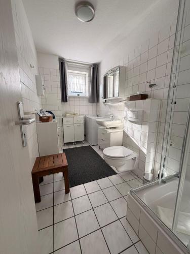 a bathroom with a toilet and a sink and a shower at Ferienwohnung Kleine Müritz in Rechlin