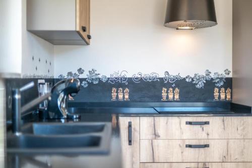 a kitchen with a sink and a counter top at Villa Sofia casa con giardino e spiaggia condivisa in Pettenasco
