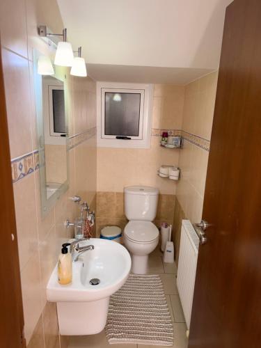 a bathroom with a sink and a toilet and a television at Villa Andy-350 m from the beach in Larnaca
