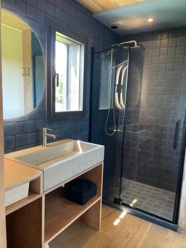 a bathroom with a sink and a shower at Wooden architect-designed house in Camaret-sur-Mer