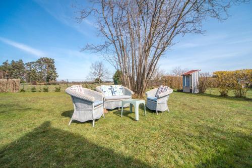 two chairs and a table in a field at Hexenhaus Finn - Nichtraucher Grundstück in Bodstedt