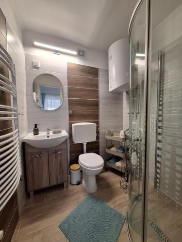 a bathroom with a toilet and a sink and a shower at Várfal apartman I in Eger