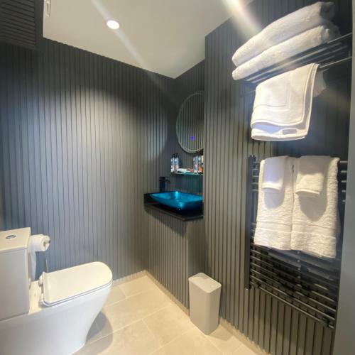 łazienka z toaletą, umywalką i ręcznikami w obiekcie One Capel Suites w Dublinie