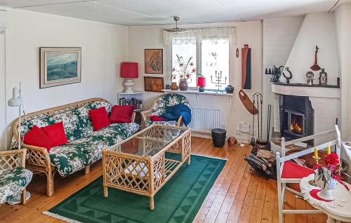 a living room with a couch and a fireplace at Cozy Home In Sölvesborg With Wifi in Sölvesborg