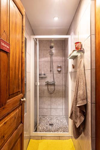 a bathroom with a shower with a glass door at Chambres d'hôtes le Clou in Thiézac