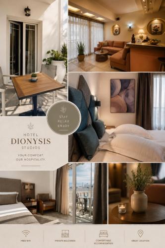 a collage of photos of a living room and a bedroom at Hotel Dionysis Studios in Adamantas