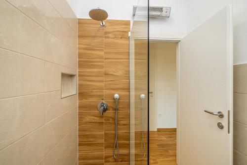 a shower with a glass door in a bathroom at Holiday house MARLY with private pool in Kras