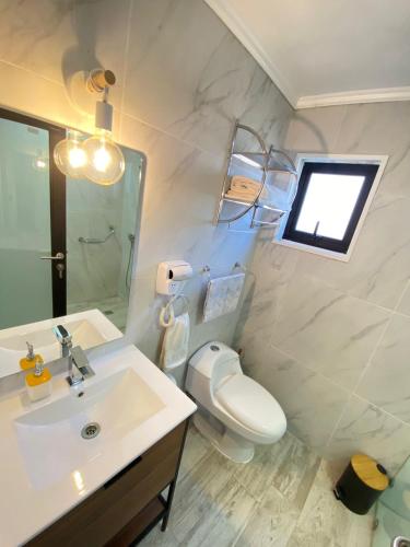 a bathroom with a sink and a toilet and a mirror at Cabaña San Pedro 2 in Concepción