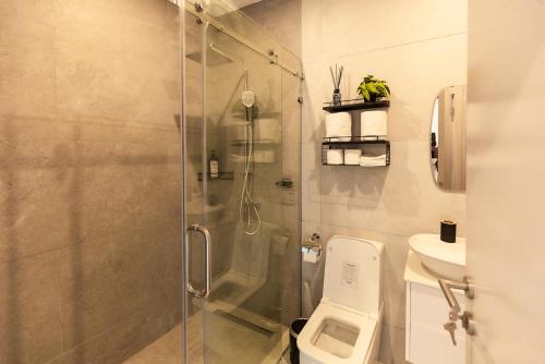 a bathroom with a shower and a toilet and a sink at Nova, Sky Suites in Accra
