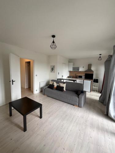 a living room with a couch and a table at Grand studio lumineux proche gare in Saint-Ouen-lʼAumône