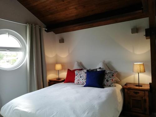 a bedroom with a white bed with colorful pillows at Charmante maisonnette avec piscine partagée in Charancieu