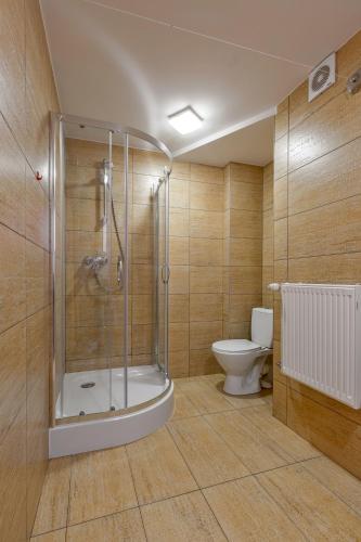 a bathroom with a shower and a toilet at Topaz in Karpacz