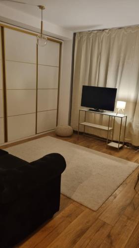 a living room with a television and a couch at Scandinavian Studio Bucharest in Dudu