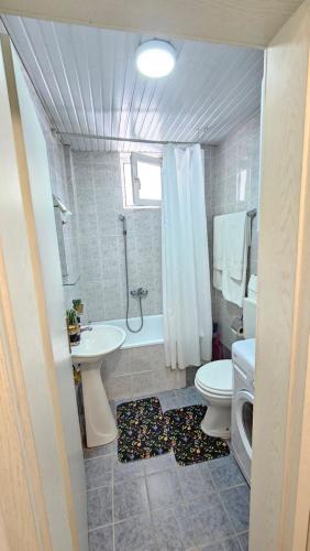 a bathroom with a sink and a toilet and a tub at Jana's Apartment,100 meters to the lake,Free Parking in Ohrid