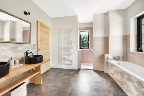 a bathroom with a tub and a sink and a bath tub at Lou Papagai in Saint-Antonin