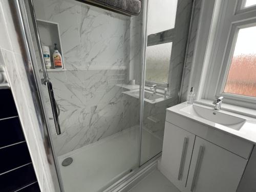 a bathroom with a shower and a sink at Swan Lodge in Swanage