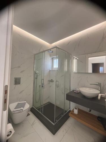 a bathroom with a shower and a sink and a toilet at Aestas Apartments in Agia Marina Nea Kydonias
