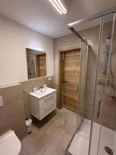 a bathroom with a shower and a sink and a toilet at Fewo-Welz in Bad Kissingen