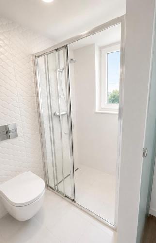 a white bathroom with a shower and a toilet at Spitaki Almyrida in Almyrida