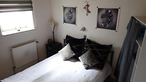 a bedroom with a bed with black and white pillows at Ferienwohnung in Naila in Naila