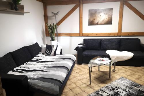 a living room with a couch and a table at Zur kleinen Auszeit in Issigau