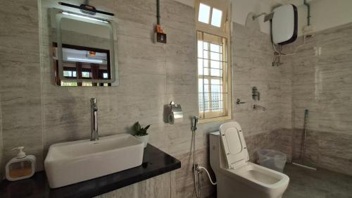 a bathroom with a sink and a toilet and a mirror at Red Cherry Homestay, Nokdara in Lava