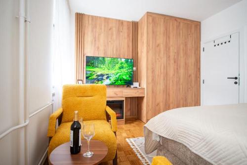 a bedroom with a bed and a chair and a television at Apartman Gorica in Priboj