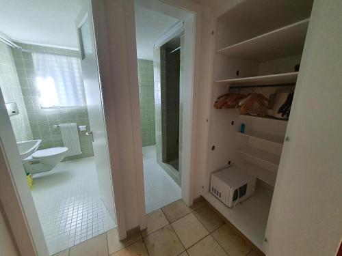 a bathroom with a shower and a toilet and a sink at Ferienhaus Tina in Lenzerheide