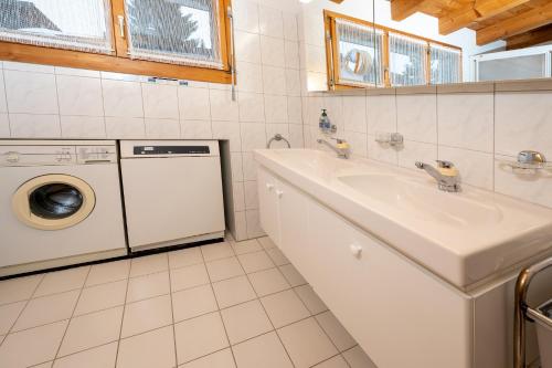 a bathroom with a sink and a washing machine at Clois B Loughlin in Lenzerheide