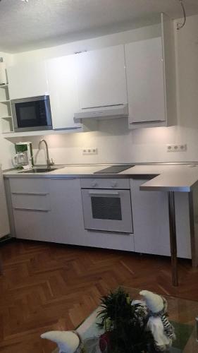 a white kitchen with a stove and a microwave at Haus Marija M in Badenweiler