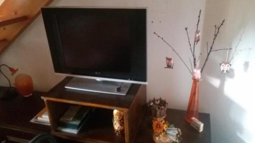 a tv sitting on a table in a living room at Appartamento Ivo in Campitello di Fassa